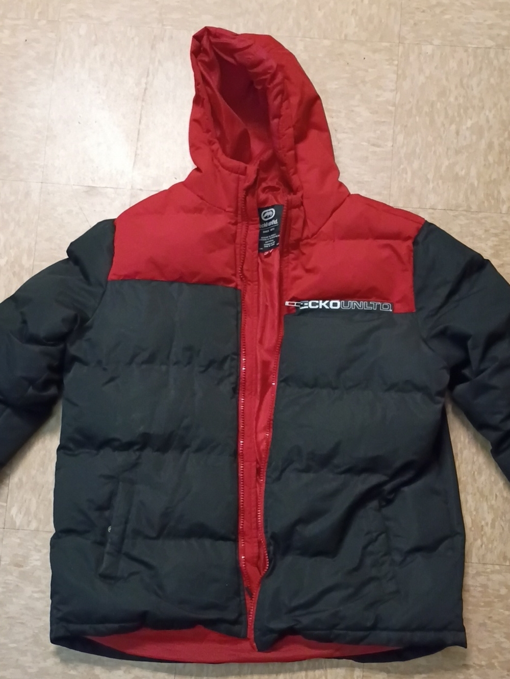 Ecko Unlimited Red and Black Hooded Colorblock Puffer Jacket